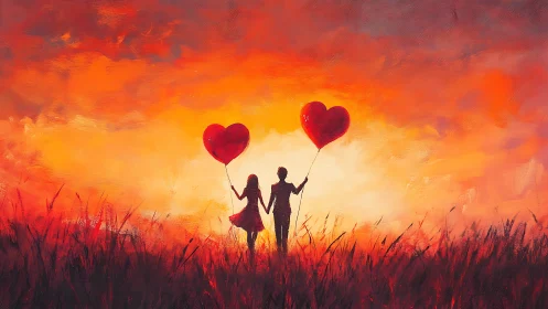 Silhouetted figures holding crimson heart-shaped balloons against gradient sunset landscape