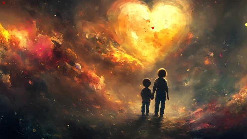 Two Children Standing Before Massive Heart-Shaped Explosion.