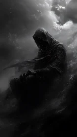 Digital painting of hooded wraith in storm-lashed chiaroscuro.