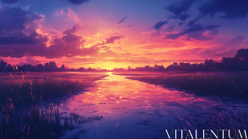 Vibrant digital sunset over tranquil marsh waterway.