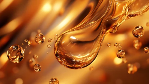 Suspended golden liquid droplets in abstract close-up view.