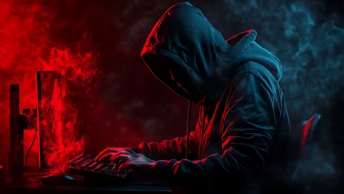 Cyberpunk hooded hacker in dual red blue rim lighting scene.