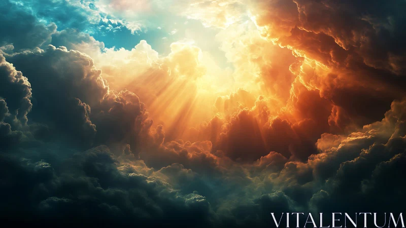 Sunlit storm clouds open radiant portal in turbulent sky