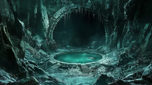 Frozen cavern pool under ruined archway with glacial teal illumination