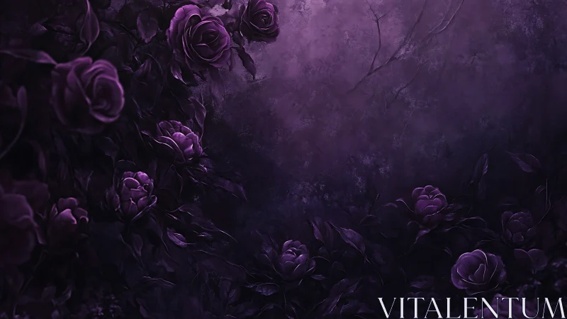 Midnight violet roses drifting through a dreamy hush.