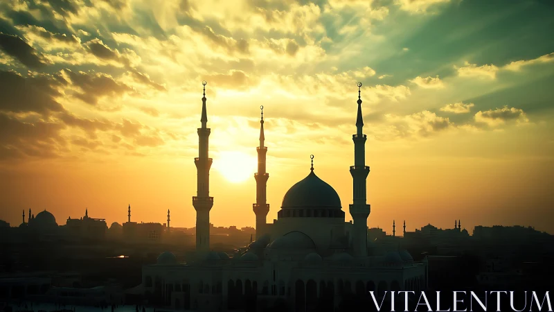 Sunlit mosque silhouette beneath radiant golden sky.