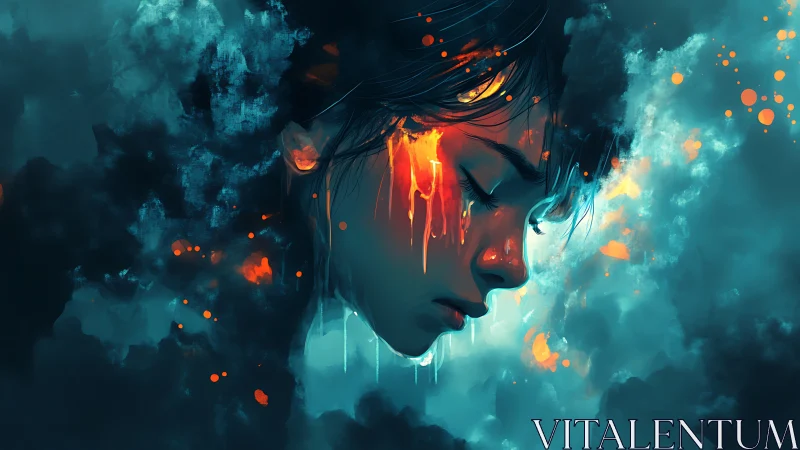 Profile view of female face amid abstract teal clouds.