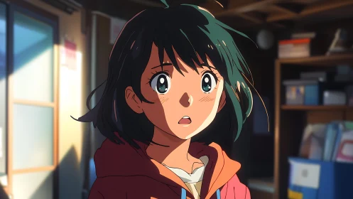 Sunlit surprise brightens a thoughtful anime girl’s quiet room