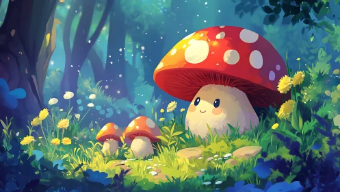 Whimsical stylized mushrooms render soft light in lush forest