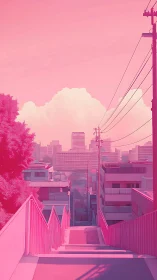 Cotton candy city stairs pour daylight into neon silence