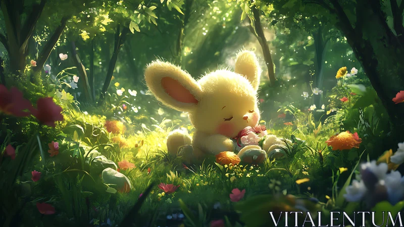Fluffy bunny resting with toy in softly lit forest glade.