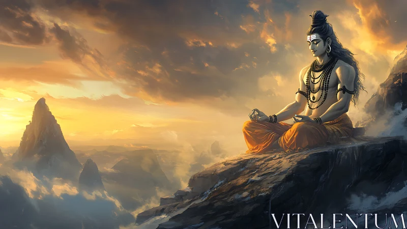Meditating Himalayan deity amid radiant stormlit sunrise.