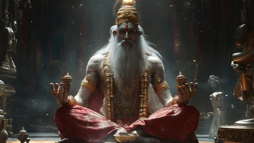 Ancient sage deity glows within ornate golden sanctuary