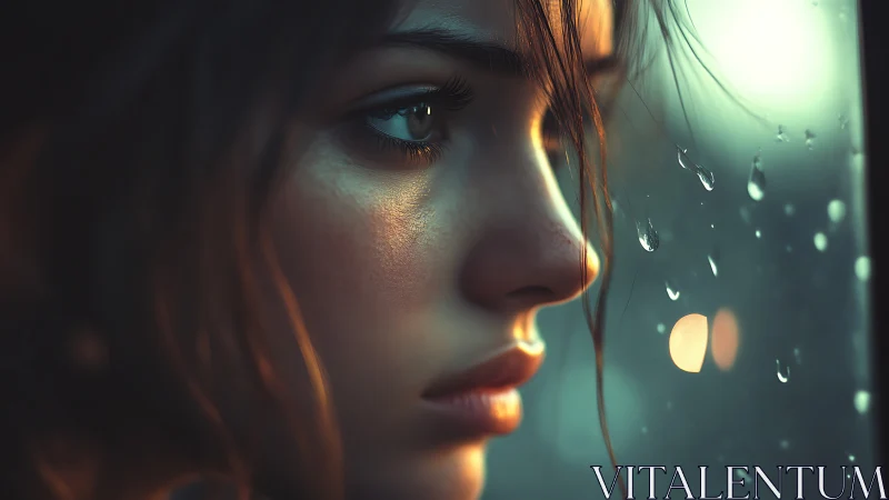 Melancholic woman profile beside rain-streaked window glow.