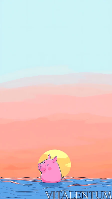 Pink cartoon pig floats on stylized sea at pastel sunset