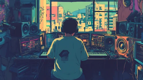 Urban studio producer at multi-screen synth workstation.