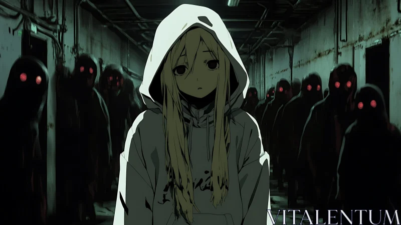 Hooded girl walks corridor flanked by red-eyed shadows.