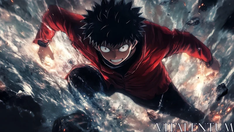 Dynamic anime hero ascending through explosive energy field.