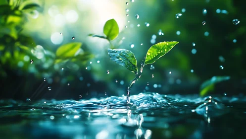 Tender green seedling rises through rainlit rippling water
