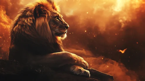 Male lion in side profile amid orange glowing haze.