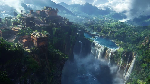 Ancient jungle citadel above vast cascading waterfalls.