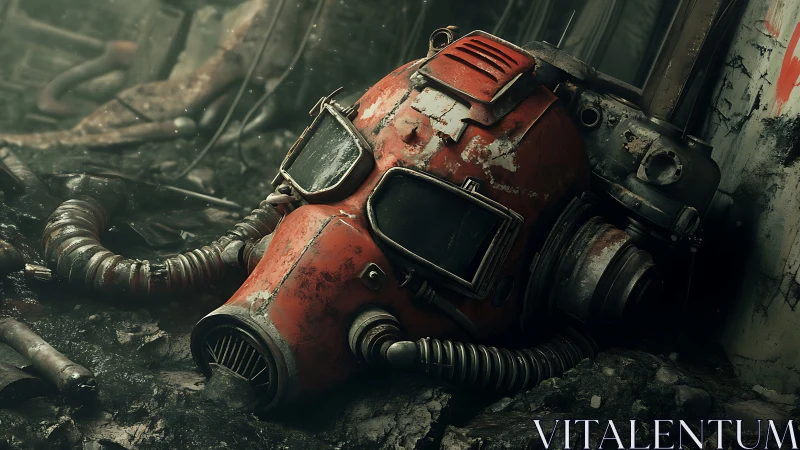 Post-apocalyptic red respirator helmet in corroded debris field.