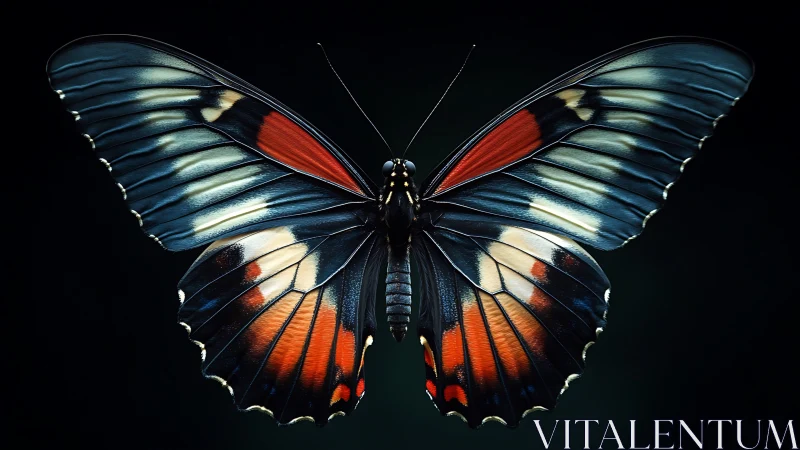 Symmetrical butterfly specimen is displayed against dark field