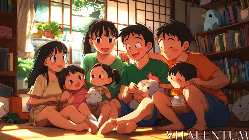 Smiling family relaxes together in sunlit tatami room