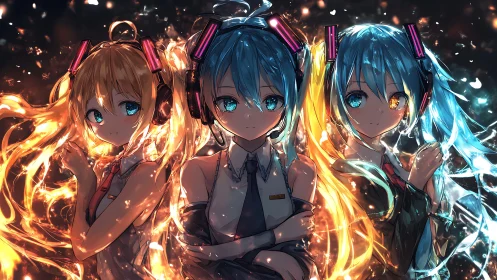 Triple cyber idols channel elemental neon fire and light.