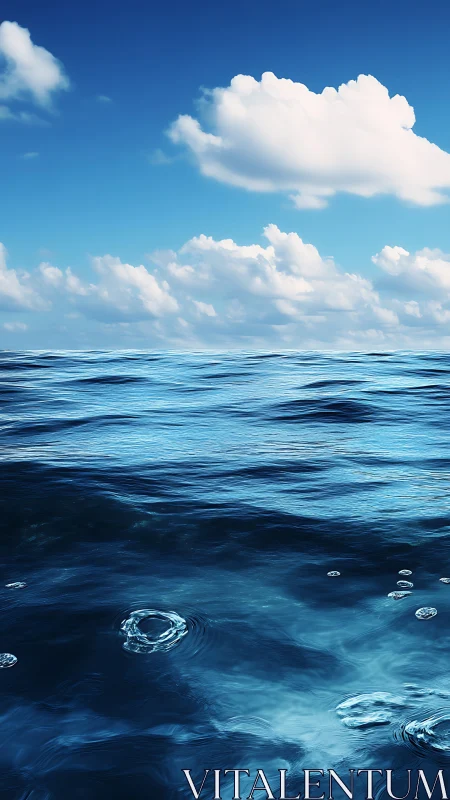 Gentle open sea under bright blue skies and soft clouds.