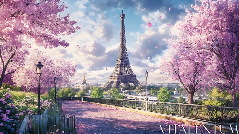 Spring blossoms surround Eiffel Tower under soft morning light