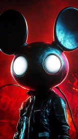 Futuristic mouse helmet figure in red neon glow portrait.