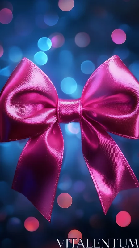 Glistening pink ribbon bow glowing against soft party lights.