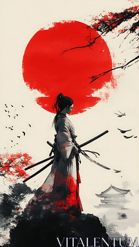 Solitary samurai stands calm beneath a blazing red sun