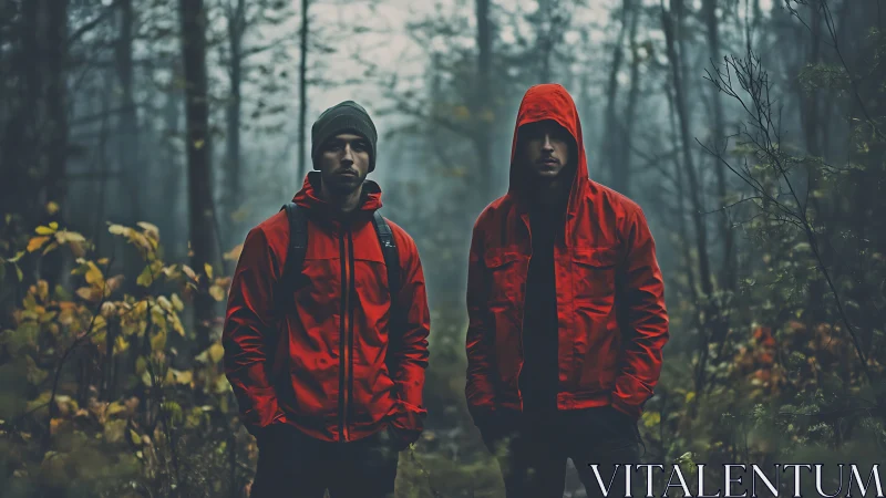 Two men in red jackets standing in dense misty forest.