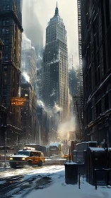 Winter urban canyon with taxis below illuminated neo-gothic tower