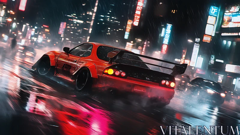Red tuner car drifting through neon city streets at night.