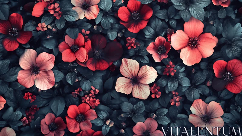 Red and Pink Flowers with Dark Foliage Overhead