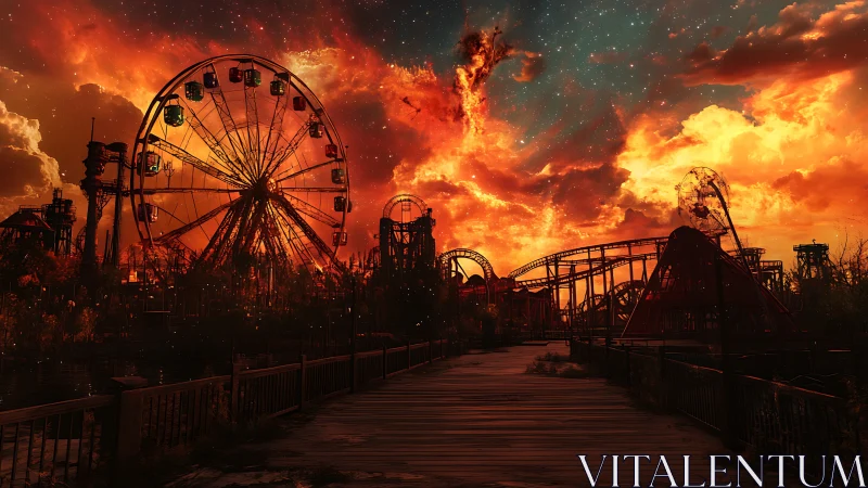 Abandoned amusement park silhouettes under apocalyptic nebula sky
