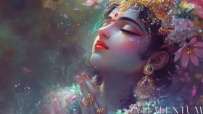 Prayerful dreamer inhales starlight through jeweled blossoms
