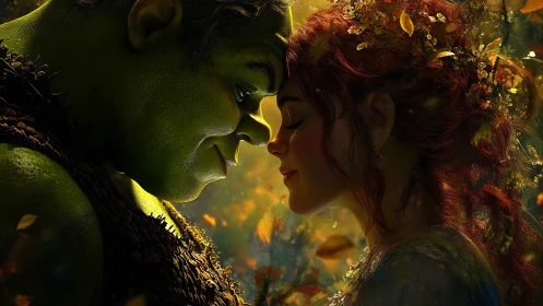 Mystical Embrace: Ogre and Maiden in Golden Luminescent Forest Setting.