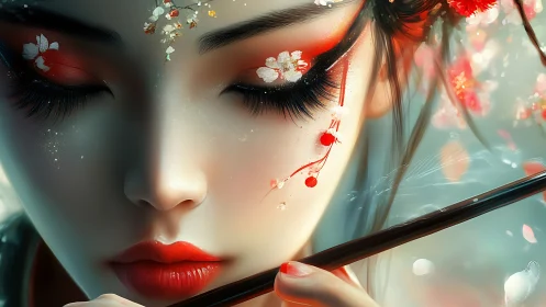 Digital portrait of stylized woman with floral red makeup.