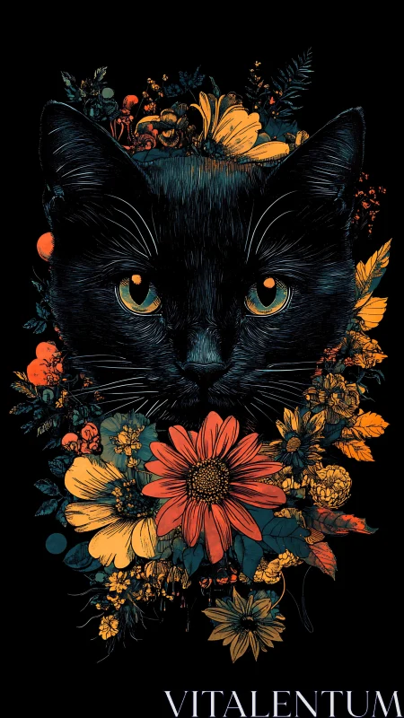 Black Cat Surrounded by Golden Florals and Botanical Elements.