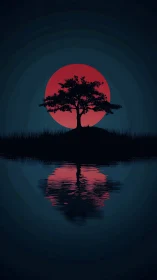 Solitary tree silhouettes against a blood-red moonlit lake