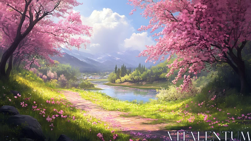 Blossoming riverside path leads toward distant snow mountains