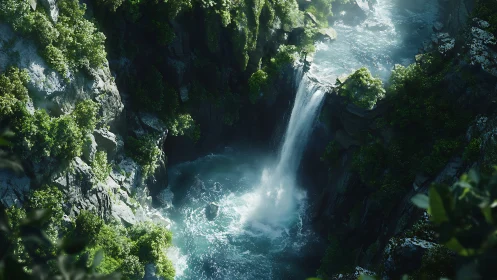 Verdant canyon waterfall plunging into misty blue pool.