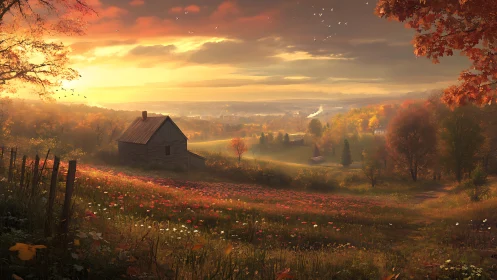 Digital painting of autumn hillside farmhouse at golden hour light.