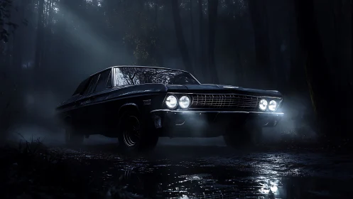 Classic black sedan cuts through misty night forest road