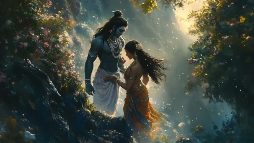 Hindu Deities in Mystical Floral Garden.