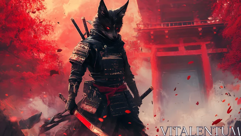 Anthropomorphic wolf samurai before red shrine gate.